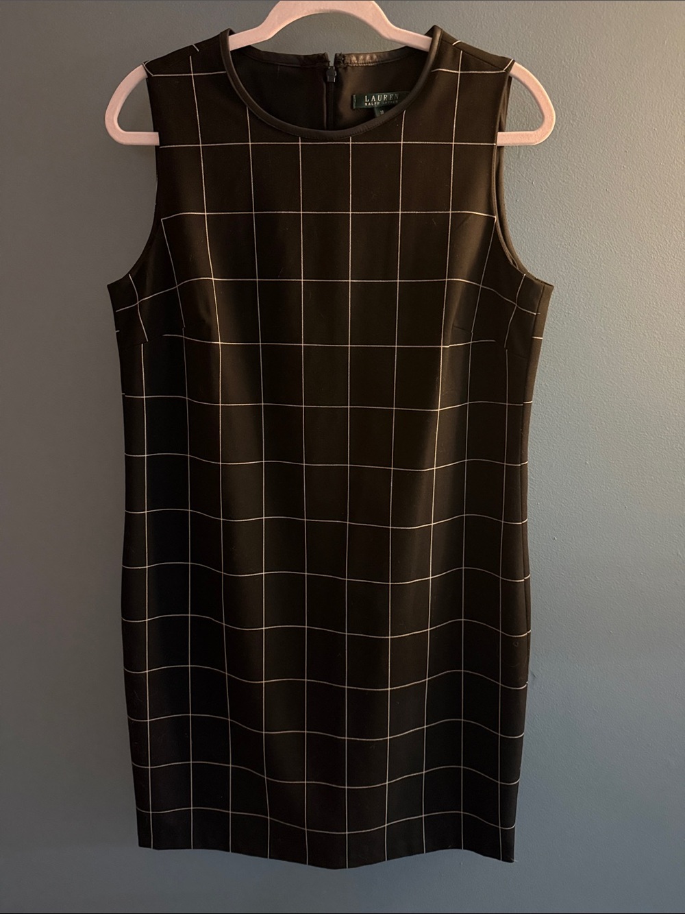 Ralph Lauren black and white windowpane sleeveless sheath dress leather sz 10